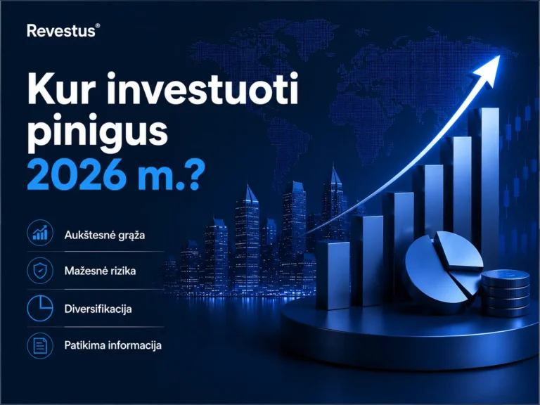 Kur investuoti pinigus 2026 m. – investavimo galimybių palyginimas ir ilgalaikio investavimo gidas: ETF, akcijos, obligacijos, nekilnojamasis turtas ir sutelktinis finansavimas.